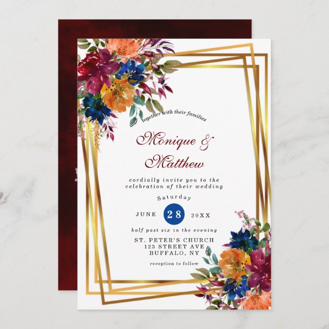 Navy Marsala Orange Floral Geometric Wedding  Invi Invitation (Front/Back)