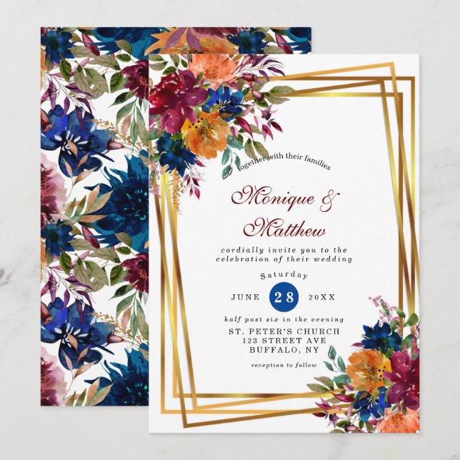 Navy Marsala Orange Floral Geometric Wedding  Invi Invitation (Front/Back)