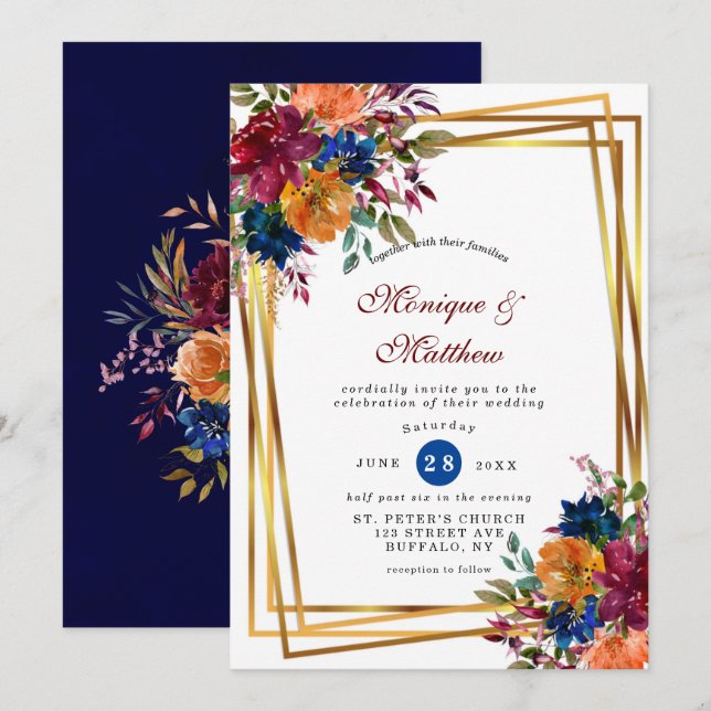 Navy Marsala Orange Floral Geometric Wedding  Invitation (Front/Back)