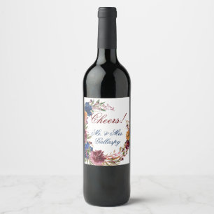 Navy Marsala Orange Floral Geometric Wedding Wine Label