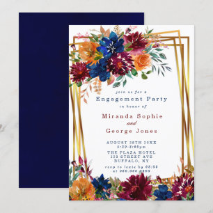 Navy Marsala Orange Floral Gold Engagement Party I Invitation