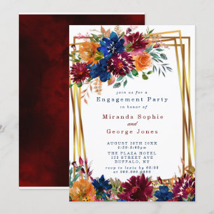 Navy Marsala Orange Floral Gold Engagement Party Invitation