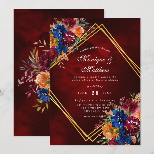 Navy Marsala Orange Floral Gold Geometric Wedding  Invitation (Front/Back)