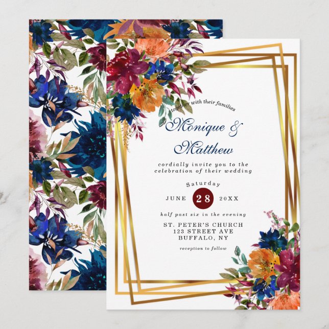 Navy Marsala Orange Floral Gold Geometric Wedding Invitation (Front/Back)