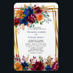 Navy Marsala Orange Floral Gold Wedding Invite Magnet<br><div class="desc">This design features a floral element in navy blue,  orange and Marsala burgundy with autumn fall foliage watercolor leaves and wildflowers. Matching products available in collection “ Navy Marsala Orange Floral Geometric Wedding “</div>