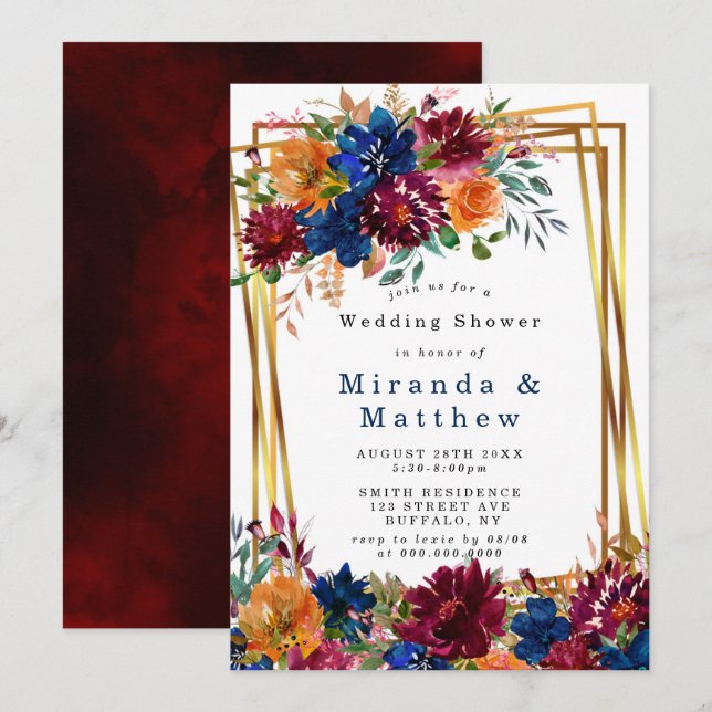 Navy Marsala Orange Floral Gold Wedding Shower (Front/Back)