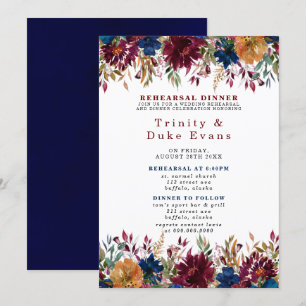 Navy Marsala Orange Floral Rehearsal Dinner Invita Invitation