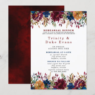 Navy Marsala Orange Floral Rehearsal Dinner Invitation