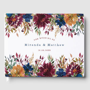 Navy Marsala Orange Floral Wedding  Guest Book
