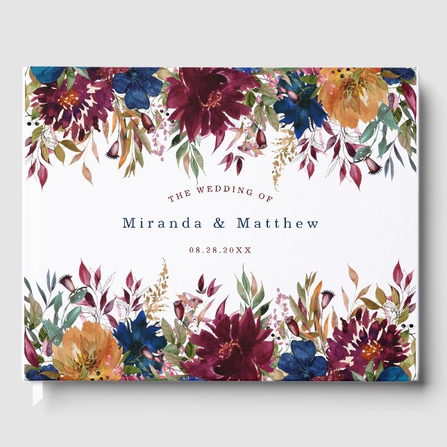 Navy Marsala Orange Floral Wedding  Guest Book (Front)