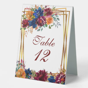 Navy Marsala Orange Floral Wedding Table Numbers