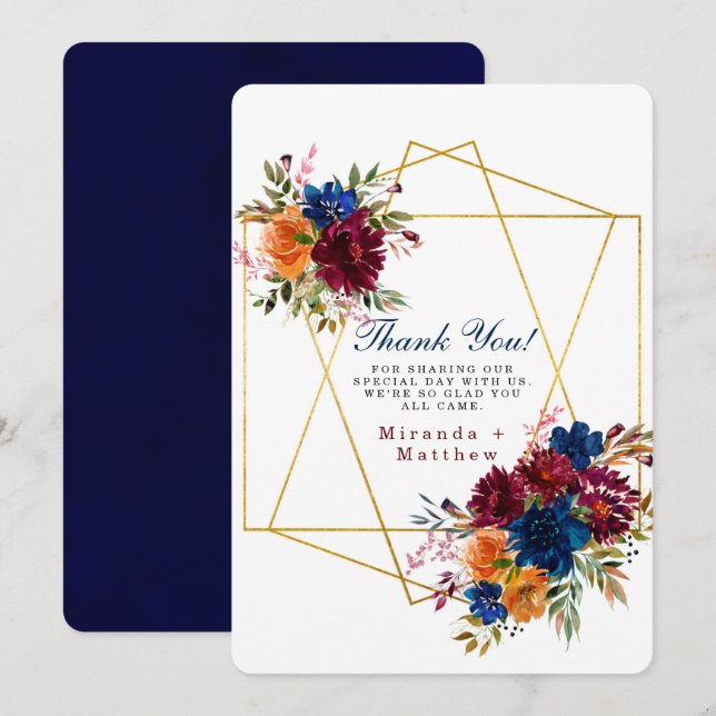 Navy Marsala Orange Floral Wedding Thank You Card (Front/Back)