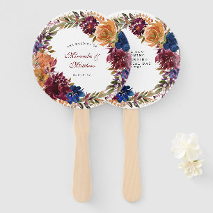 Navy Marsala Orange Floral Wedding Thank You Hand Fan