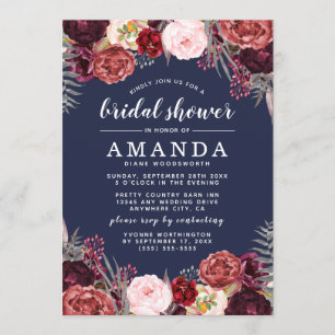 Navy Marsala Peony Fall Bridal Shower Invitations