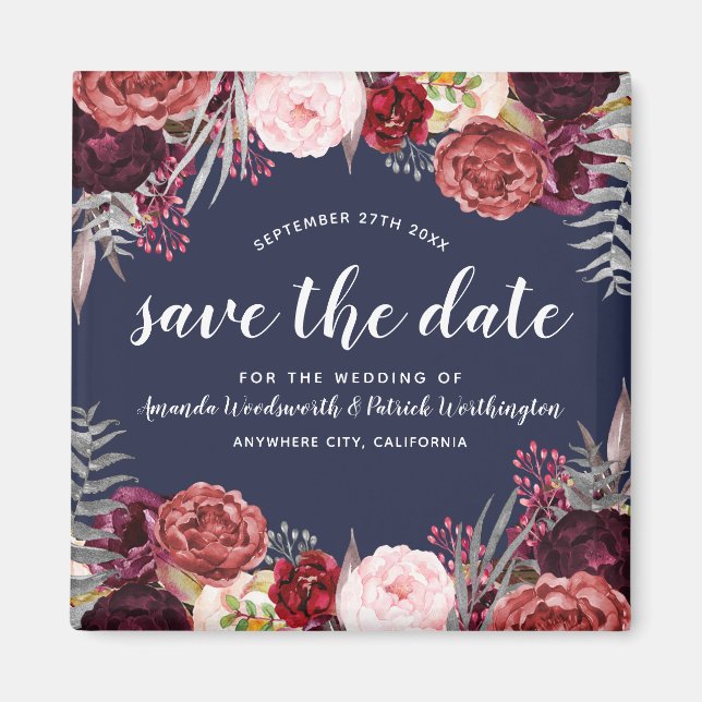 Navy Marsala Peony Wedding Save the Date Magnets (Front)