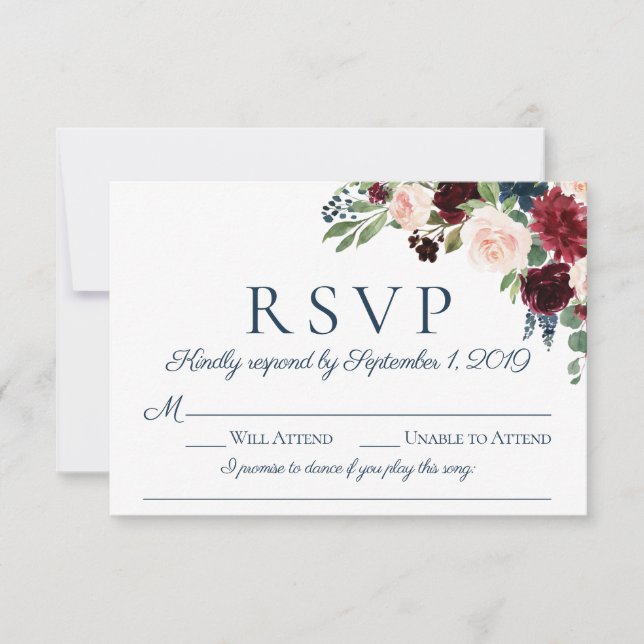 Navy Marsala Wedding RSVP Cards with Song Choice (Front)