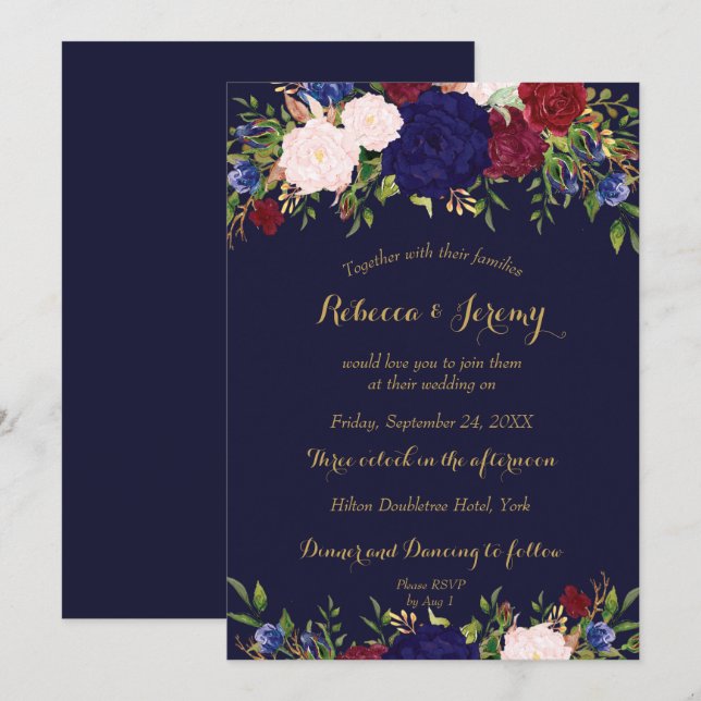 navy marsala wine floral wedding invitation (Front/Back)