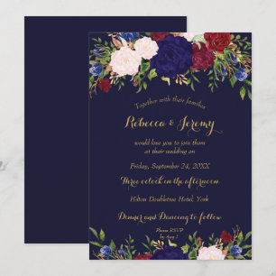 navy marsala wine floral wedding invitation