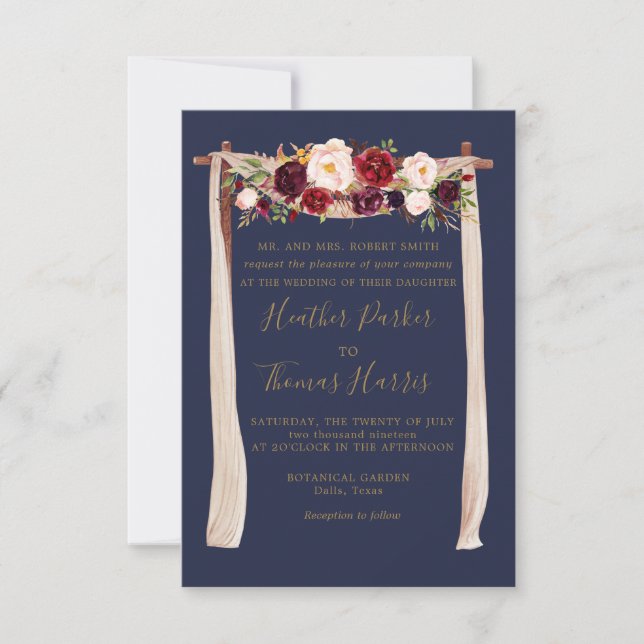 Navy Masala Watercolor Floral Arch Boho Wedding Invitation (Front)