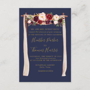 Navy Masala Watercolor Floral Arch Boho Wedding Invitation