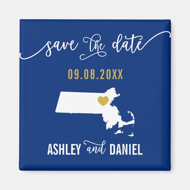 Navy Massachusetts Wedding Save the Date Map Magnet (Front)