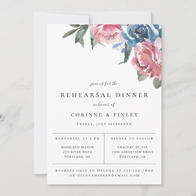 Navy Mauve Botanical Rehearsal Dinner Announcement (Front)