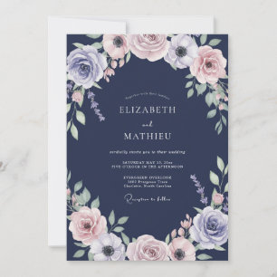 Navy Mauve Petal Wedding Invitation
