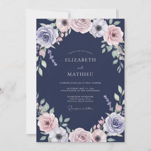 Navy Mauve Petal Wedding Invitation (Front)