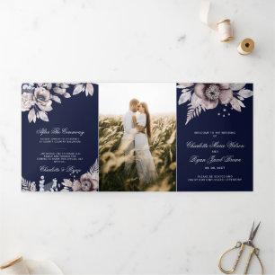 Navy Mauve Rustic Floral Photo Wedding Tri-Fold Programme