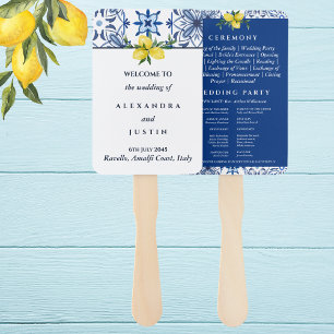 Navy Mediterranean Lemon Italian Wedding Program Hand Fan