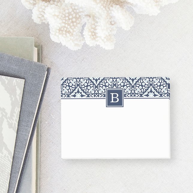 Navy Mediterranean Pattern Monogram Post-it Notes (Creator Uploaded)