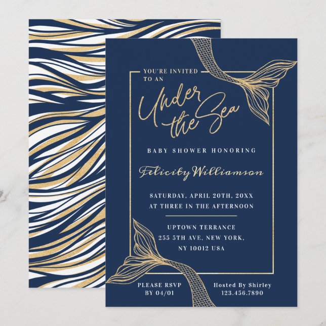 Navy Mermaid Under The Sea Baby Shower Invitation (Front/Back)