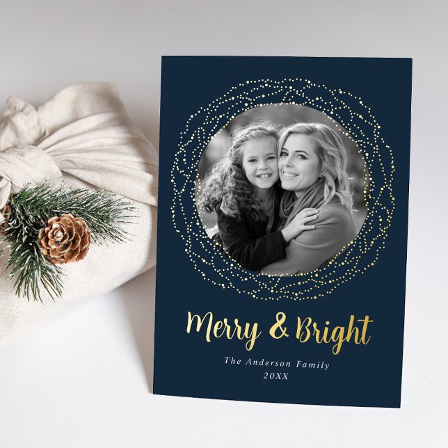 Navy Merry and Bright Photo  Foil Holiday Card (Creator Uploaded)
