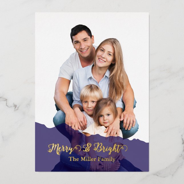 navy Merry & Bright Christmas family Photo gold Foil Holiday Card (Front)