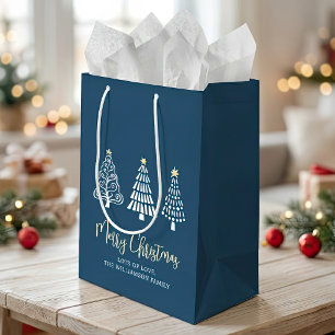 Navy Merry Christmas 3 Trees Script Name Whimsical Medium Gift Bag