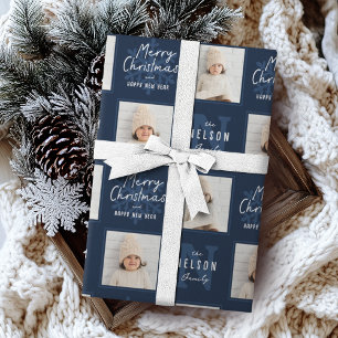 Navy Merry Christmas Calligraphy Family 2 photo Wrapping Paper