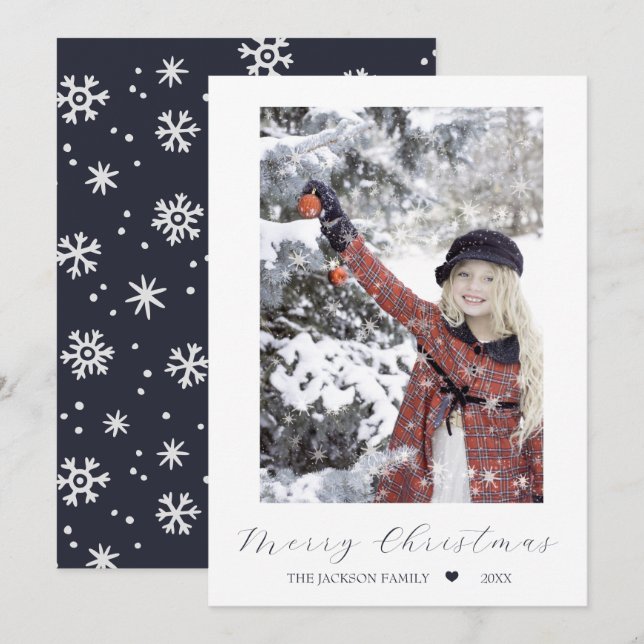 Navy Merry Christmas Modern One Photo Holiday Card (Front/Back)