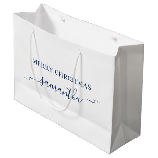 Navy Merry Christmas Ribbon Swash Signature Name Large Gift Bag