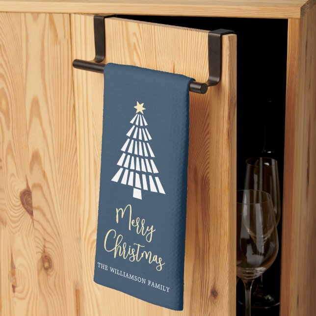 Navy Merry Christmas Script 3 Trees Simple Custom Tea Towel (Thirds Fold)