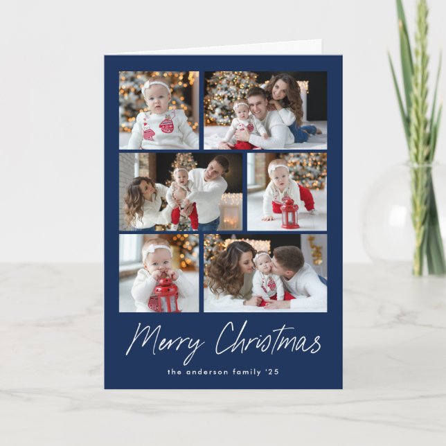 Navy Merry Christmas Script 6 Photo Collage Holiday Card (Front)