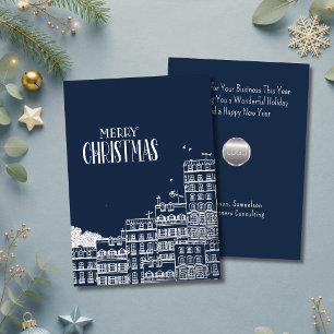 Navy Merry Christmas Townscape Business Silver Foil Holiday Card