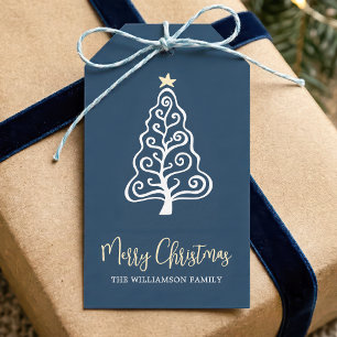 Navy Merry Christmas Tree Script Name Whimsical Gift Tags