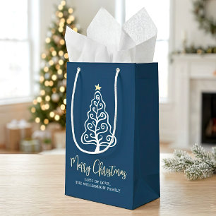 Navy Merry Christmas Tree Script Name Whimsical Small Gift Bag