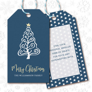 Navy Merry Christmas Tree Whimsical Script Name Gift Tags