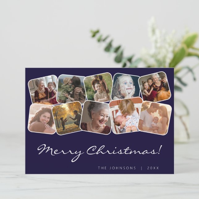 Navy Merry Christmas Whit Black 10 Photo Collage Holiday Card (Standing Front)