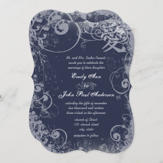 Navy Metallic Silver Kanji Love Swirl Invitation (Front/Back)