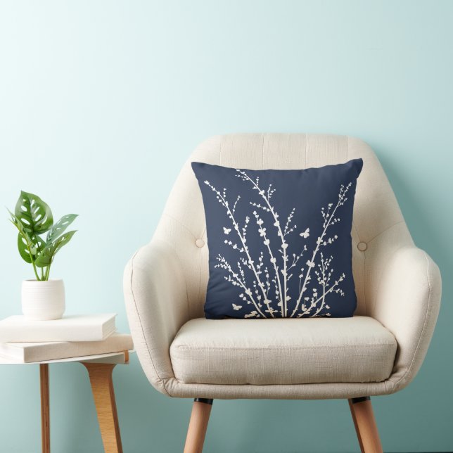 Navy Minimal Butterflies and Branches Modern  Cushion (Chair)