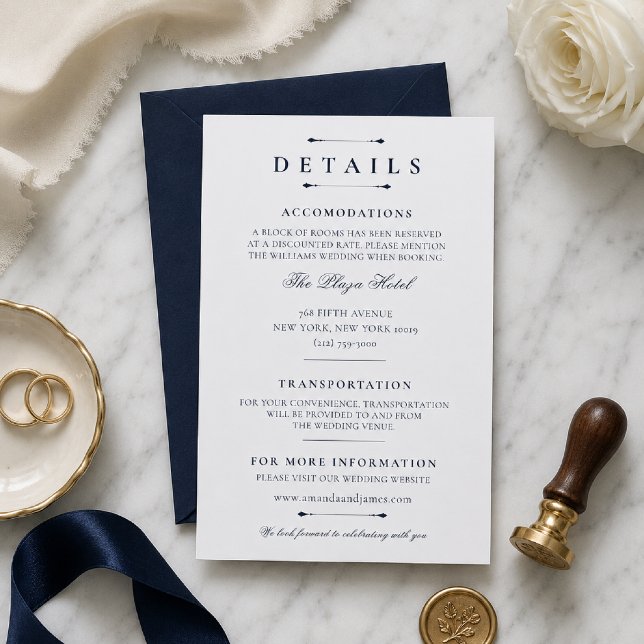 Navy Minimal Luxury Wedding Details Card Template (Elegant navy wedding details card with timeless luxury styling.)