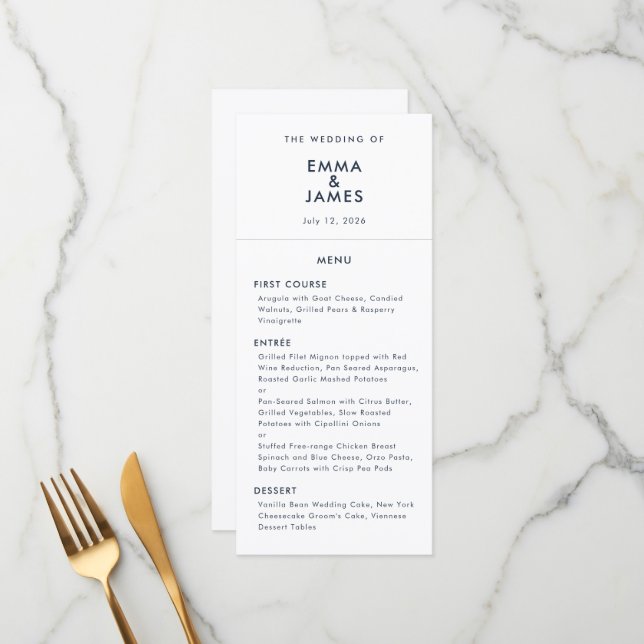 Navy Minimalist Ampersand Wedding | Elegant Menu (Front/Back In Situ)