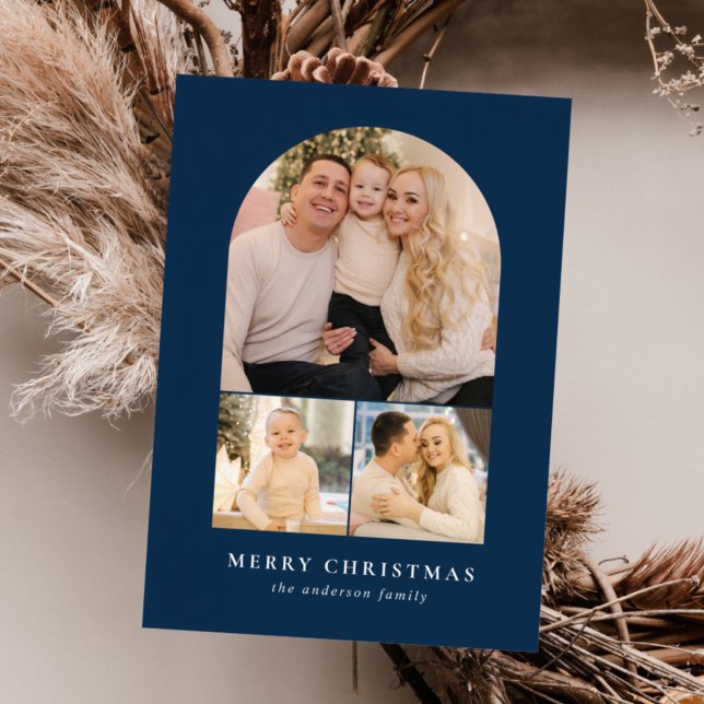 Navy Minimalist Arch 3 Photo Holiday Card (Creator Uploaded)